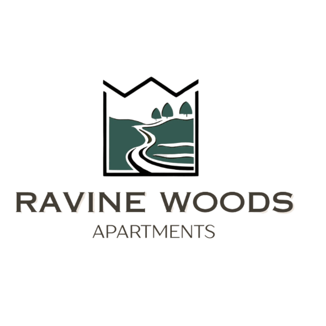 The image is a logo for Ravine Woods Apartments.